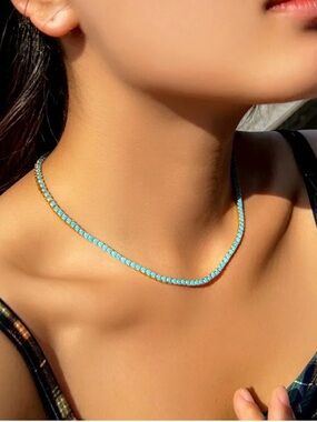 18k Gold Plated Turquoise Clavicle Tennis Link Necklace. New.